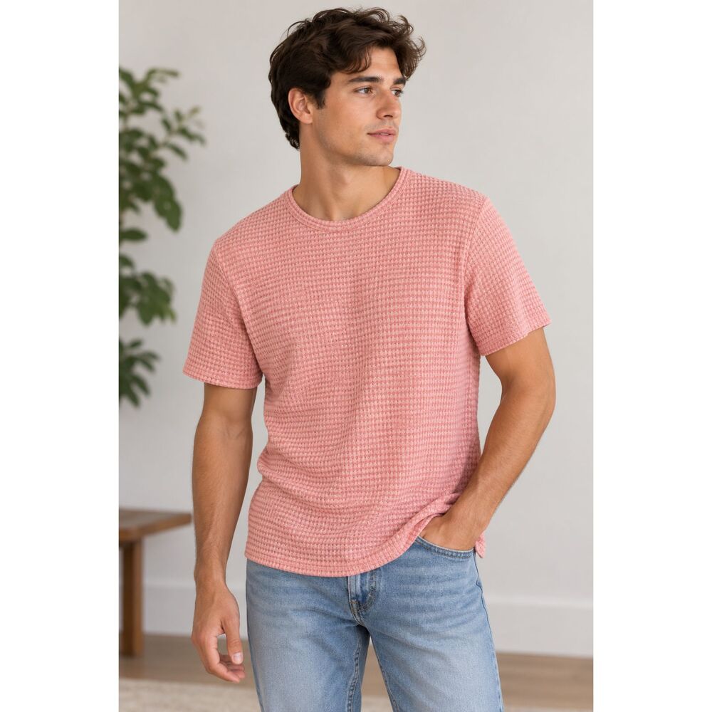 Manfinity men’s medium pink textured open knit short sleeve crew neck shirt